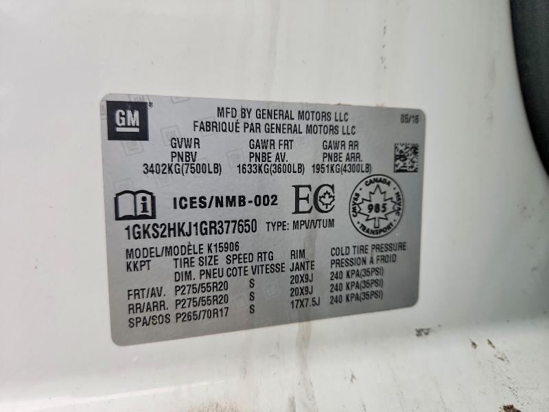 61702576 :رقم المزاد ، 1GKS2HKJ1GR377650 vin ، 2016 Gmc Yukon Xl مزاد بيع