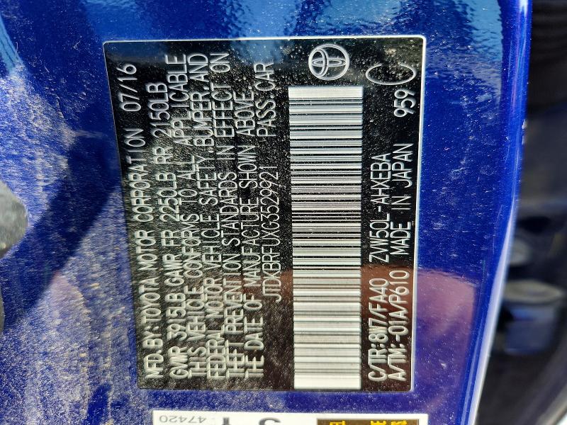 61318426 :رقم المزاد ، JTDKBRFUXG3529921 vin ، 2016 Toyota Prius مزاد بيع