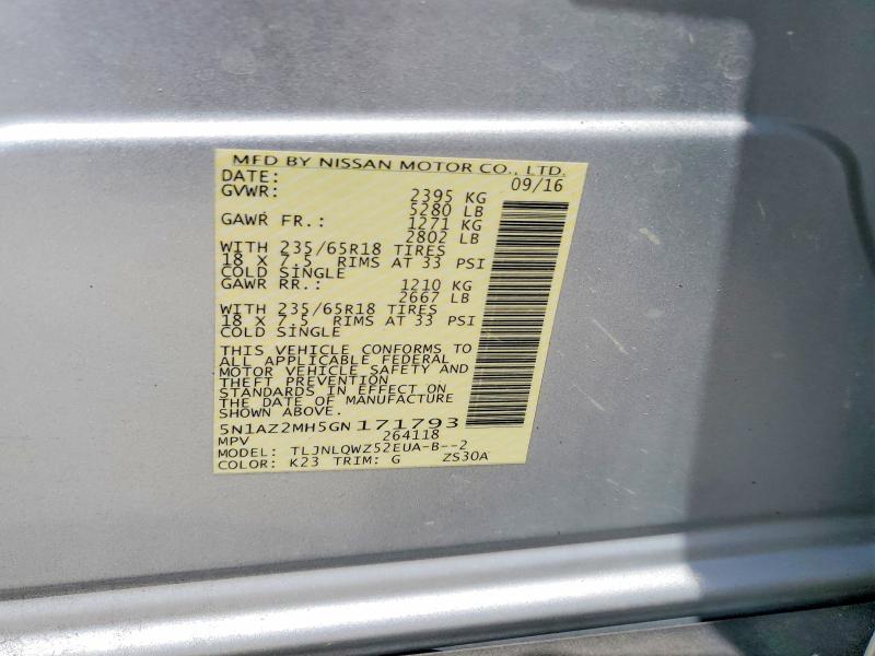 Продаж на аукціоні авто 2016 Nissan Murano, vin: 5N1AZ2MH5GN171793, номер лоту: 61852116