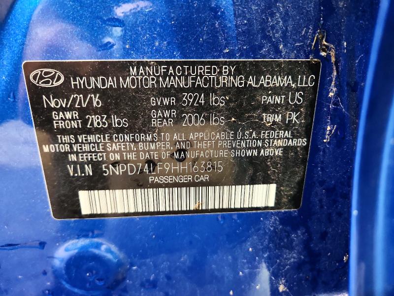 62318776 :رقم المزاد ، 5NPD74LF9HH163815 vin ، 2017 Hyundai Elantra مزاد بيع