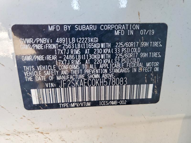 60857996 :رقم المزاد ، JF2SKAEC0KH578083 vin ، 2019 Subaru Forester مزاد بيع