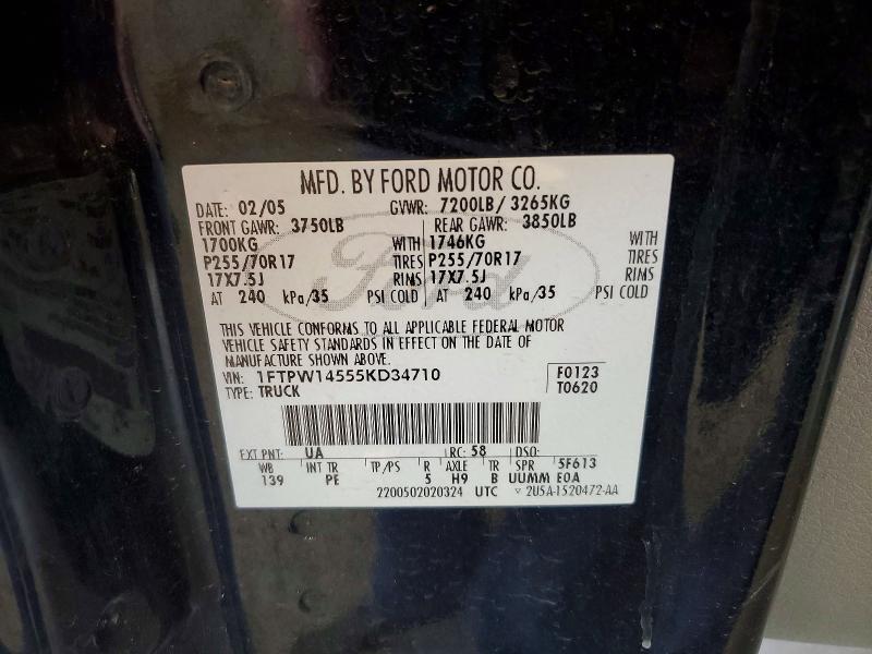 2005 Ford F150 მანქანა იყიდება აუქციონზე, vin: 1FTPW14555KD34710, აუქციონის ნომერი: 61735966