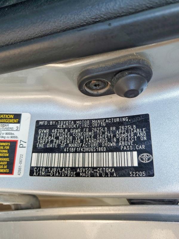 2017 Toyota Camry მანქანა იყიდება აუქციონზე, vin: 4T1BF1FK3HU651869, აუქციონის ნომერი: 62136596