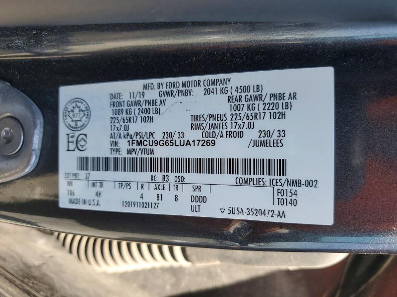 Продаж на аукціоні авто 2020 Ford Escape, vin: 1FMCU9G65LUA17269, номер лоту: 62253886