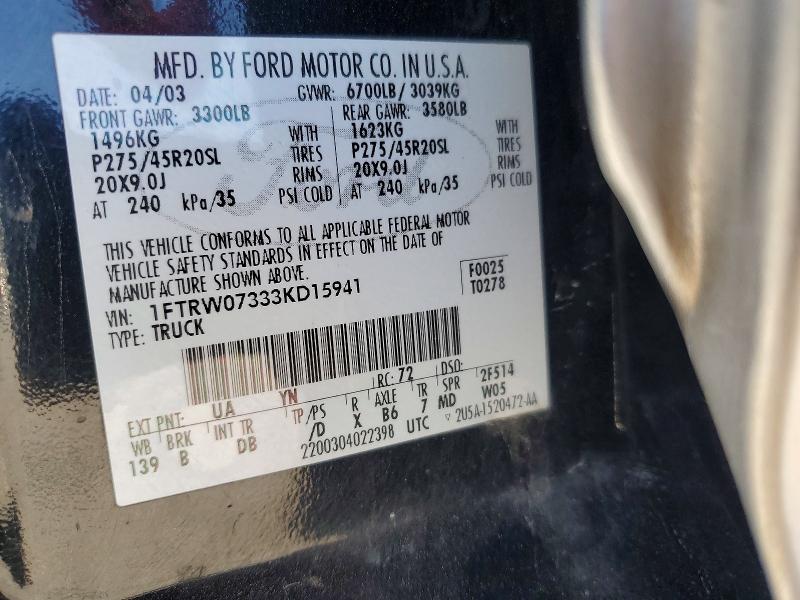 Aukcja sprzedaży 2003 Ford F150, vin: 1FTRW07333KD15941, numer aukcji: 59827306