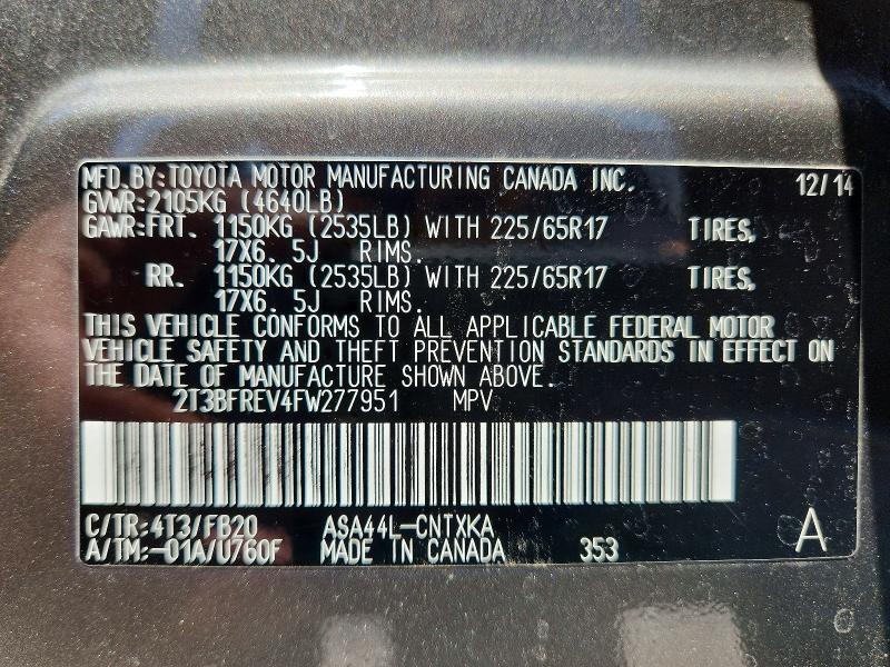 Продажа на аукционе авто 2015 Toyota Rav4, vin: 2T3BFREV4FW277951, номер лота: 62486186