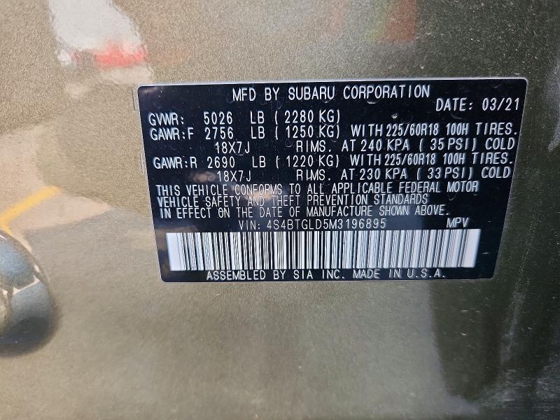 Aukcja sprzedaży 2021 Subaru Outback, vin: 4S4BTGLD5M3196895, numer aukcji: 59317606