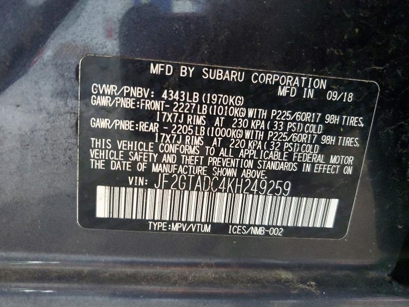 2019 Subaru Crosstrek მანქანა იყიდება აუქციონზე, vin: JF2GTADC4KH249259, აუქციონის ნომერი: 60298986