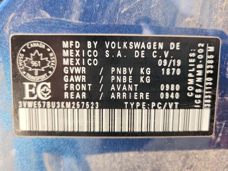Продажа на аукционе авто 2019 Volkswagen Jetta, vin: 3VWE57BU3KM257523, номер лота: 54148346