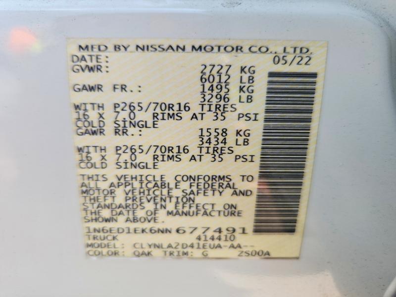 62031936 :رقم المزاد ، 1N6ED1EK6NN677491 vin ، 2022 Nissan Frontier مزاد بيع