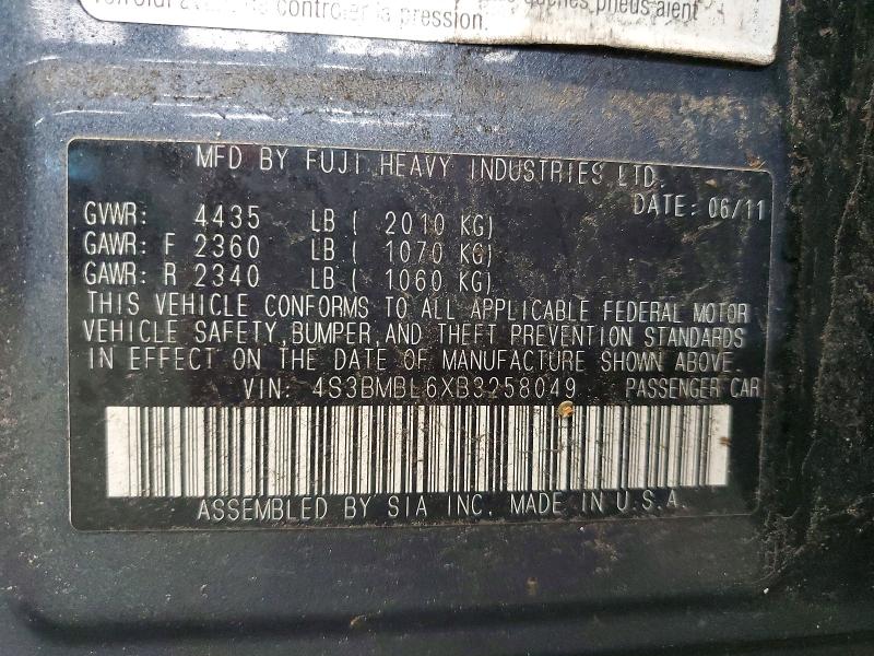 Aukcja sprzedaży 2011 Subaru Legacy, vin: 4S3BMBL6XB3258049, numer aukcji: 60309106