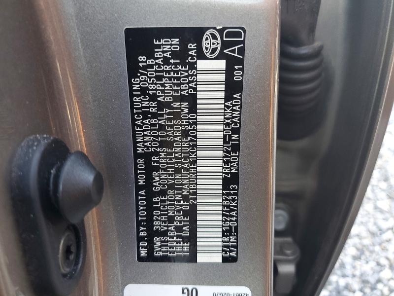 Aukcja sprzedaży 2019 Toyota Corolla, vin: 2T1BURHE1KC170510, numer aukcji: 62752726