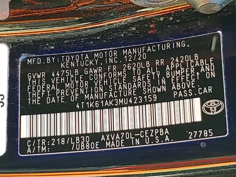 Продажа на аукционе авто 2021 Toyota Camry 4d 2wd, vin: 4T1K61AK3MU423159, номер лота: 59834346
