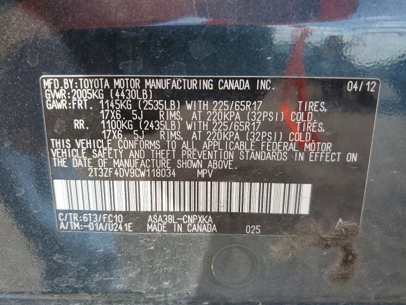 Aukcja sprzedaży 2012 Toyota Rav4, vin: 2T3ZF4DV9CW118034, numer aukcji: 62998806
