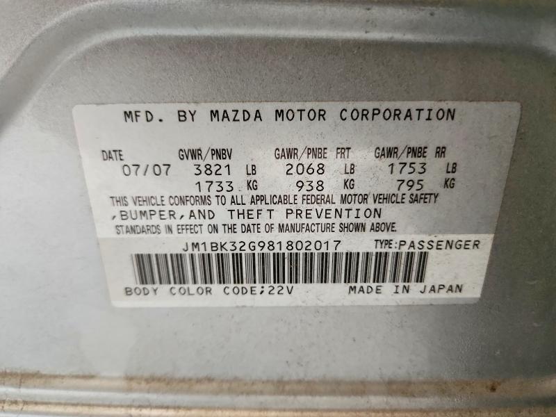 Aukcja sprzedaży 2008 Mazda 3, vin: JM1BK32G981802017, numer aukcji: 59229776
