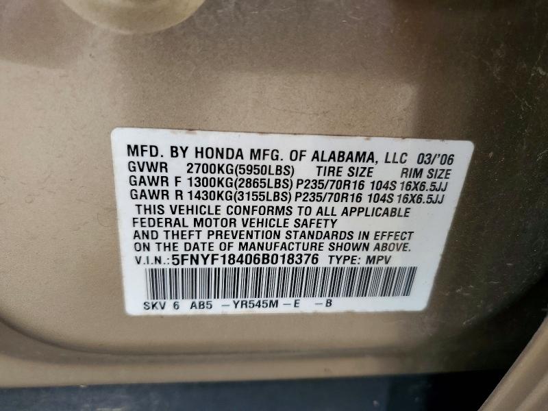 Aukcja sprzedaży 2006 Honda Pilot, vin: 5FNYF18406B018376, numer aukcji: 63458116