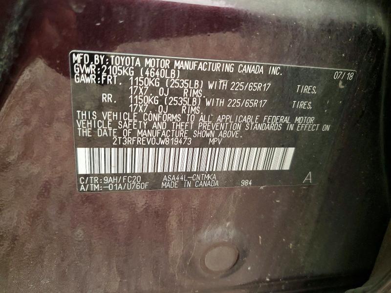61195046 :رقم المزاد ، 2T3RFREV0JW819473 vin ، 2018 Toyota Rav4 مزاد بيع