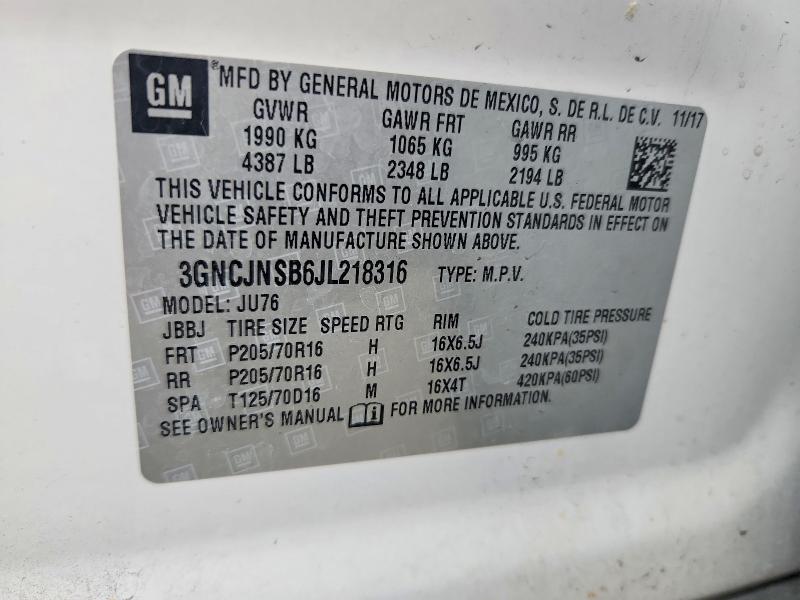 Aukcja sprzedaży 2018 Chevrolet Trax, vin: 3GNCJNSB6JL218316, numer aukcji: 62001756