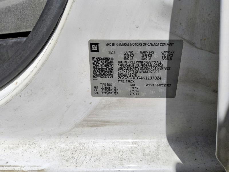 60919776 :رقم المزاد ، 2GC2CREG4K1137024 vin ، 2019 Chevrolet Silverado مزاد بيع