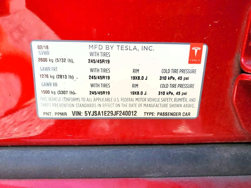 59852986 :رقم المزاد ، 5YJSA1E29JF240012 vin ، 2018 Tesla Model S مزاد بيع