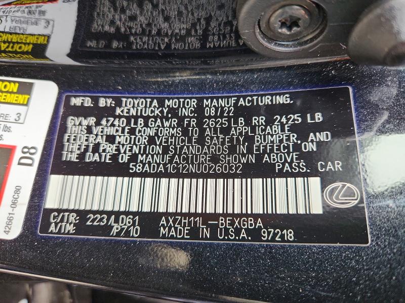 58603146 :رقم المزاد ، 58ADA1C12NU026032 vin ، 2022 Lexus Es 300h مزاد بيع