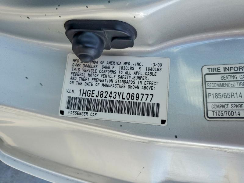 Продажа на аукционе авто 2000 Honda Civic, vin: 1HGEJ8243YL069777, номер лота: 61856126