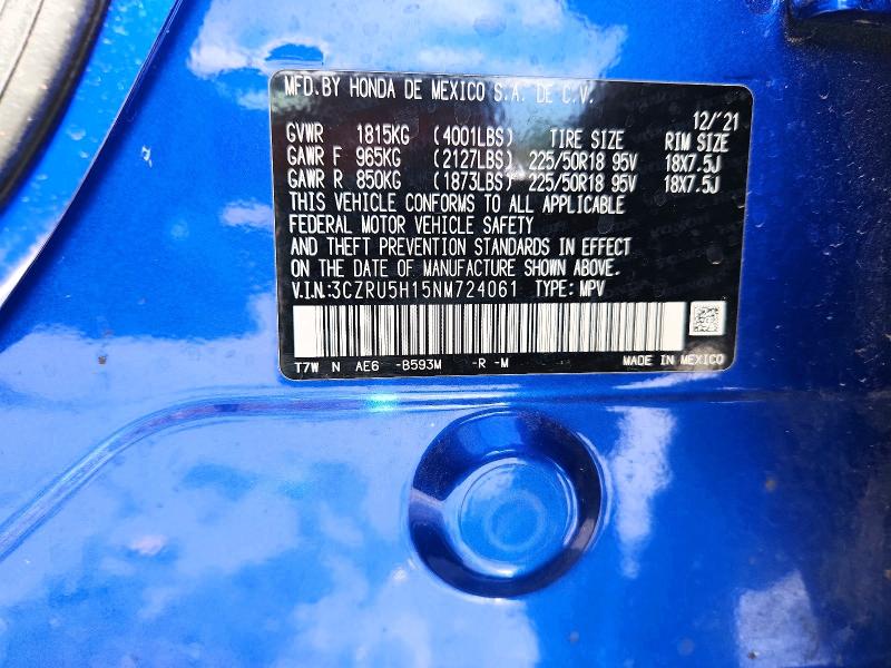 60570696 :رقم المزاد ، 3CZRU5H15NM724061 vin ، 2022 Honda Hr-v مزاد بيع
