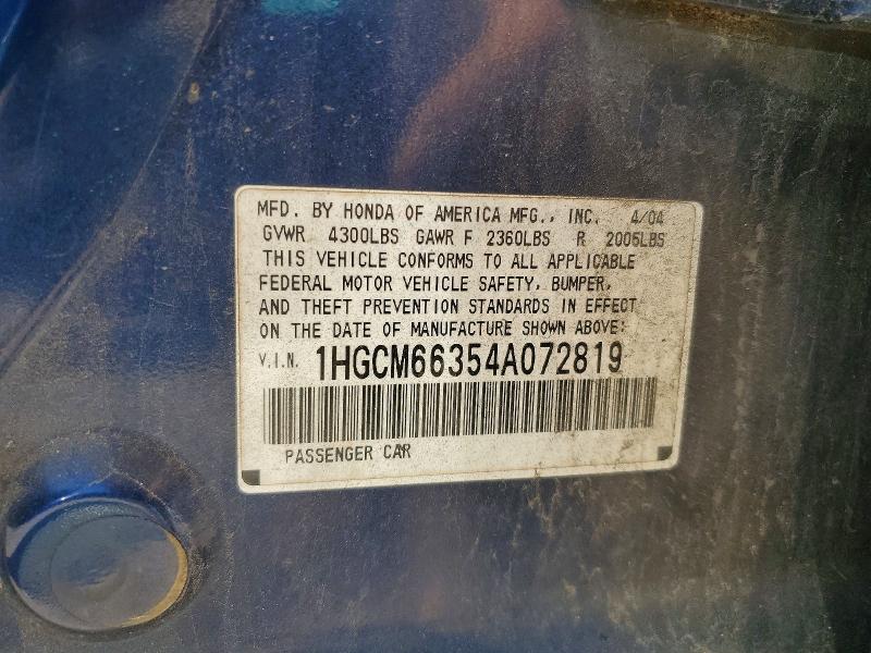 63195446 :رقم المزاد ، 1HGCM66354A072819 vin ، 2004 Honda Accord مزاد بيع