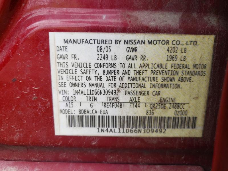 2006 Nissan Altima მანქანა იყიდება აუქციონზე, vin: 1N4AL11D66N309492, აუქციონის ნომერი: 59642996
