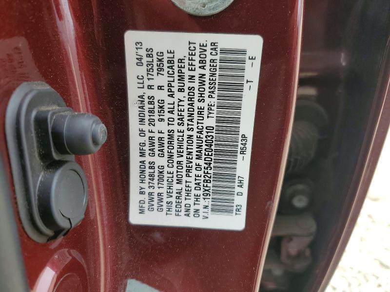 59180536 :رقم المزاد ، 19XFB2F54DE040310 vin ، 2013 Honda Civic مزاد بيع