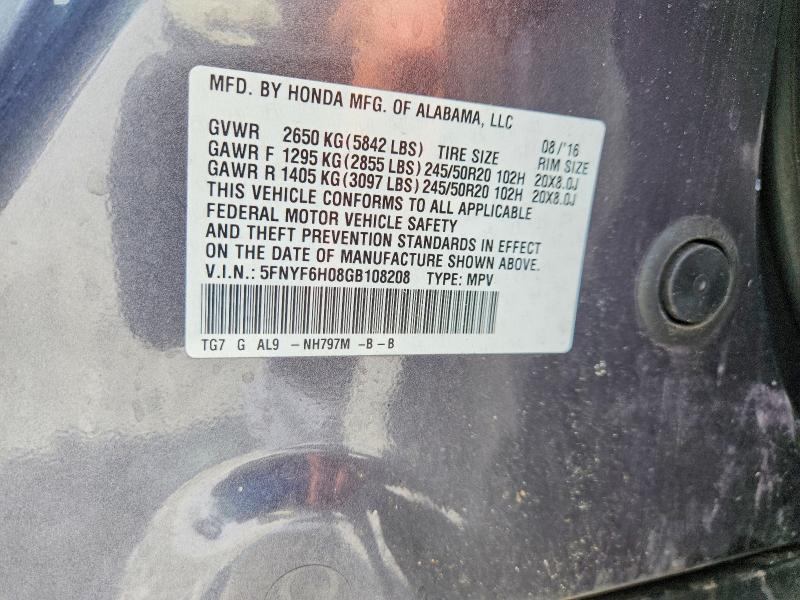 59247186 :رقم المزاد ، 5FNYF6H08GB108208 vin ، 2016 Honda Pilot مزاد بيع