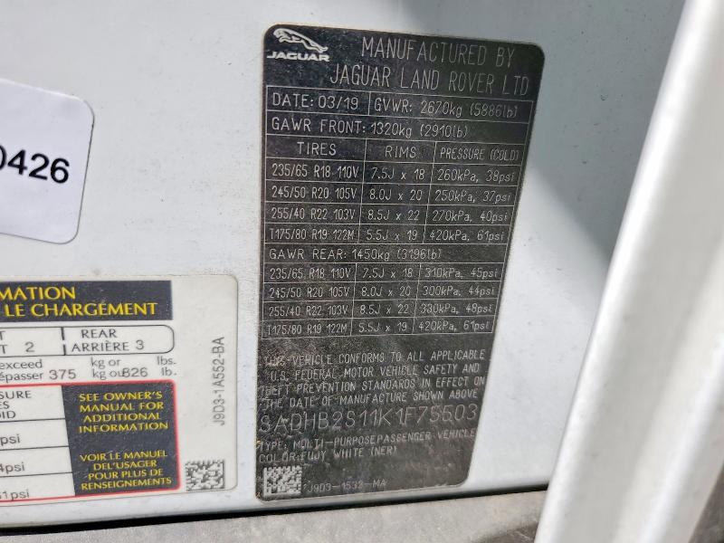 Продажа на аукционе авто 2019 Jaguar Buv, vin: SADHB2S11K1F75503, номер лота: 59801806