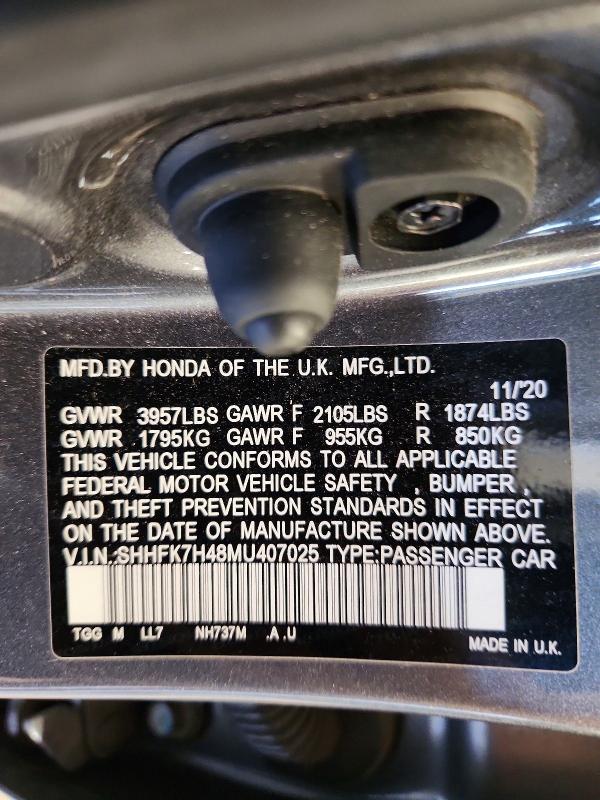 Aukcja sprzedaży 2021 Honda Civic, vin: SHHFK7H48MU407025, numer aukcji: 59200796