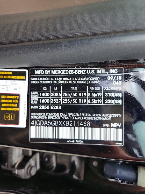 63330886 :رقم المزاد ، 4JGDA5GBXKB211468 vin ، 2019 Mercedes-benz Gle مزاد بيع