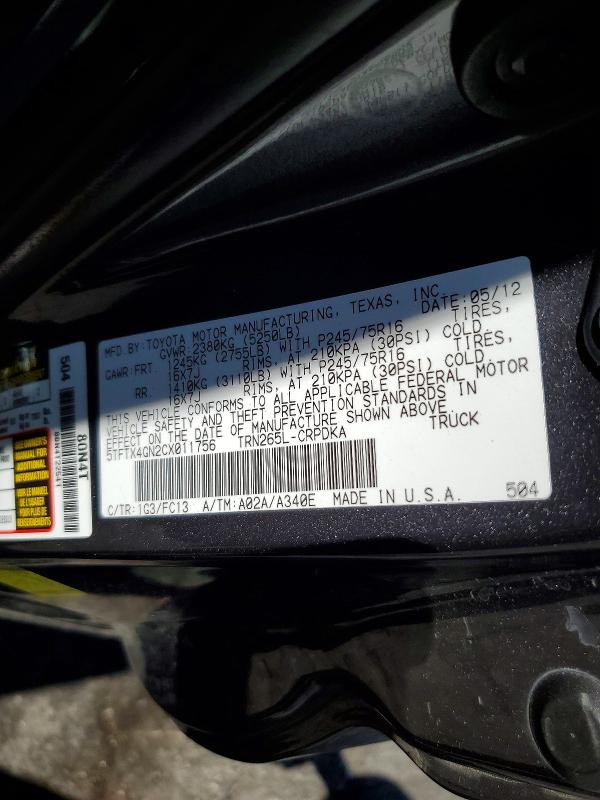 Aukcja sprzedaży 2012 Toyota Tacoma, vin: 5TFTX4GN2CX011756, numer aukcji: 60975456