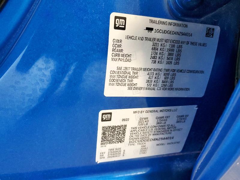 61340916 :رقم المزاد ، 1GCUDGED4NZ544014 vin ، 2022 Chevrolet Silverado مزاد بيع