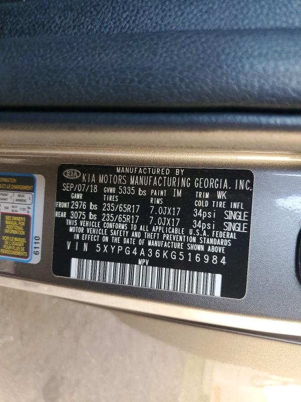 Aukcja sprzedaży 2019 Kia Sorento, vin: 5XYPG4A36KG516984, numer aukcji: 59806926