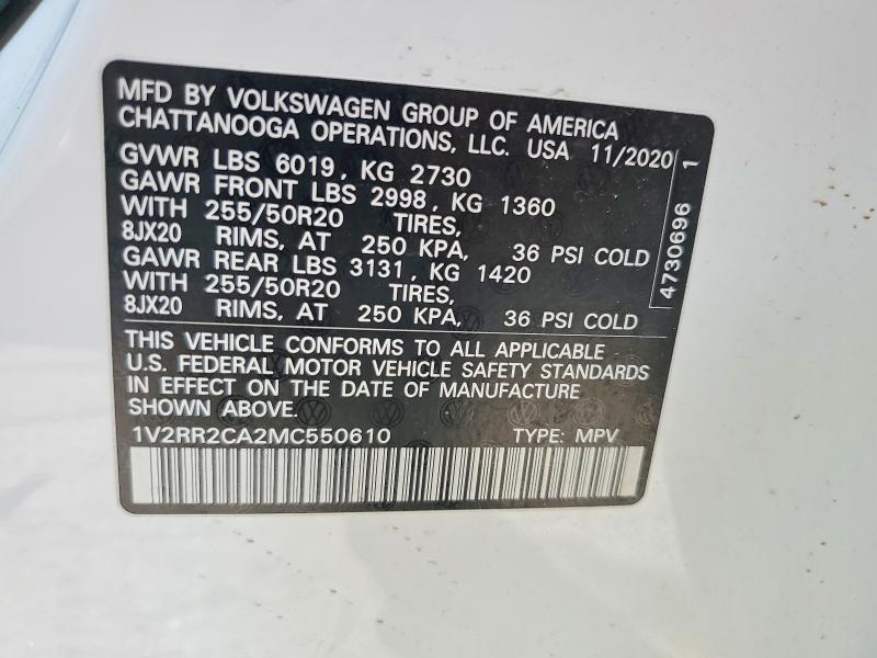 2021 Volkswagen Atlas მანქანა იყიდება აუქციონზე, vin: 1V2RR2CA2MC550610, აუქციონის ნომერი: 62471996