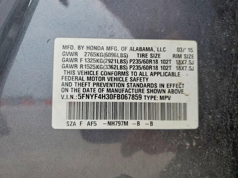 62830396 :رقم المزاد ، 5FNYF4H30FB067859 vin ، 2015 Honda Pilot مزاد بيع