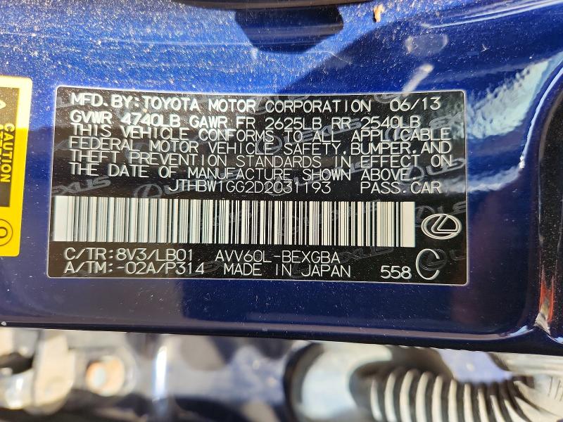 60147046 :رقم المزاد ، JTHBW1GG2D2031193 vin ، 2013 Lexus Es مزاد بيع