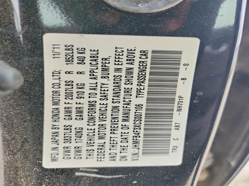 Продаж на аукціоні авто 2012 Honda Civic, vin: JHMFB4F3XCS007106, номер лоту: 60830916