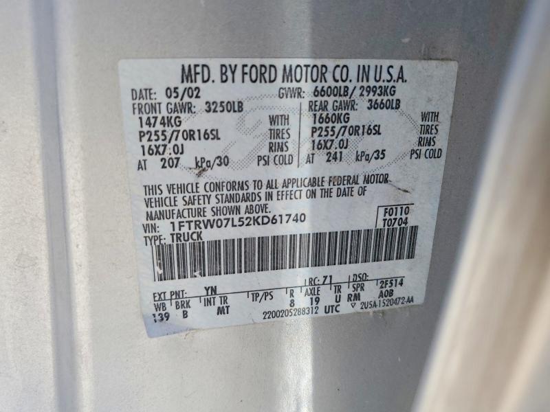 2002 Ford F150 მანქანა იყიდება აუქციონზე, vin: 1FTRW07L52KD61740, აუქციონის ნომერი: 61638066
