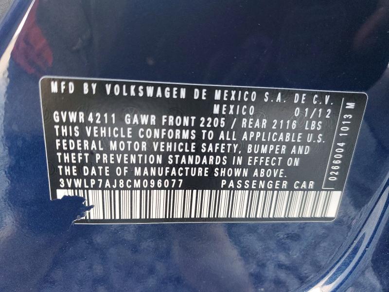 Продажа на аукционе авто 2012 Volkswagen Jetta, vin: 3VWLP7AJ8CM096077, номер лота: 62159416