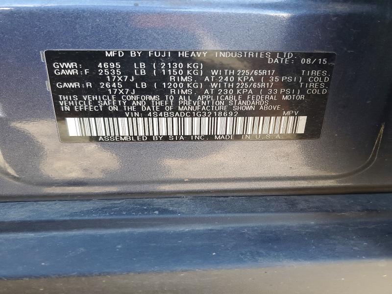 2016 Subaru Outback მანქანა იყიდება აუქციონზე, vin: 4S4BSADC1G3218692, აუქციონის ნომერი: 60232886