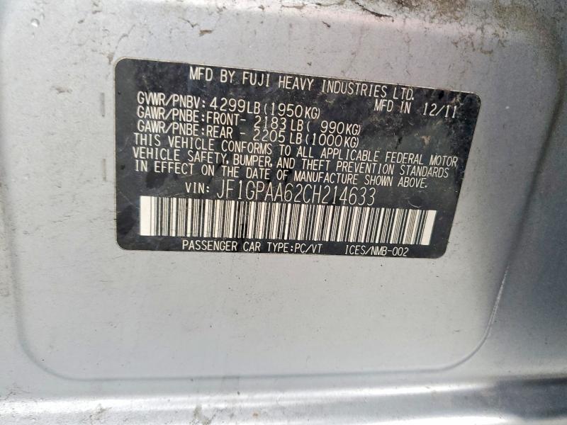 Продажа на аукционе авто 2012 Subaru Impreza, vin: JF1GPAA62CH214633, номер лота: 63002436