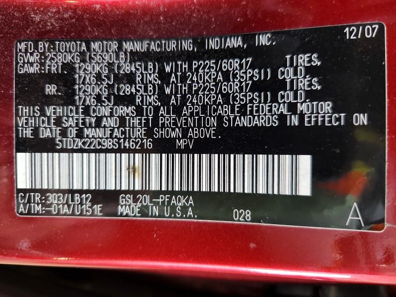 Aukcja sprzedaży 2008 Toyota Sienna, vin: 5TDZK22C98S146216, numer aukcji: 63243786
