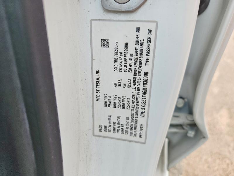 Aukcja sprzedaży 2021 Tesla Model 3, vin: 5YJ3E1EA6MF030990, numer aukcji: 61405766