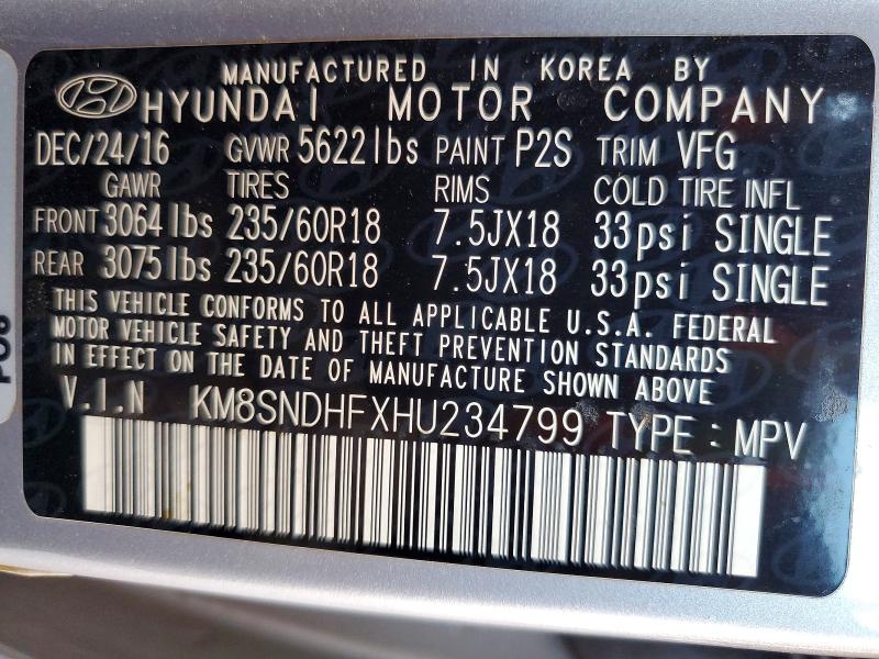 Продаж на аукціоні авто 2017 Hyundai Santa Fe, vin: KM8SNDHFXHU234799, номер лоту: 62163816