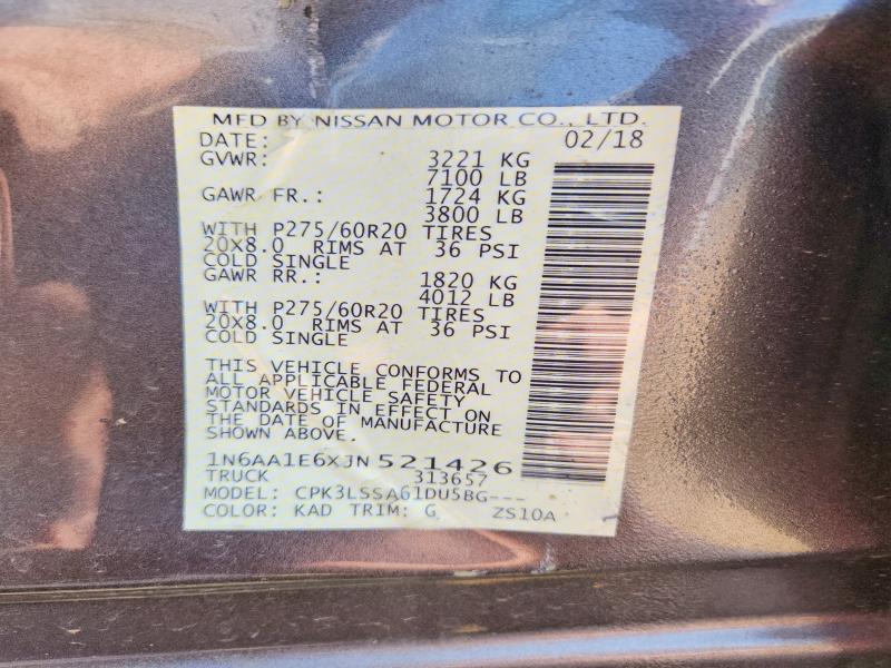 Aukcja sprzedaży 2018 Nissan Titan, vin: 1N6AA1E6XJN521426, numer aukcji: 61602826