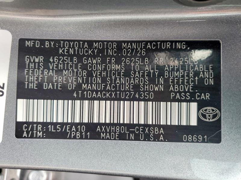 60718906 :رقم المزاد ، 4T1DAACKXTU274350 vin ، 2026 Toyota Camry مزاد بيع
